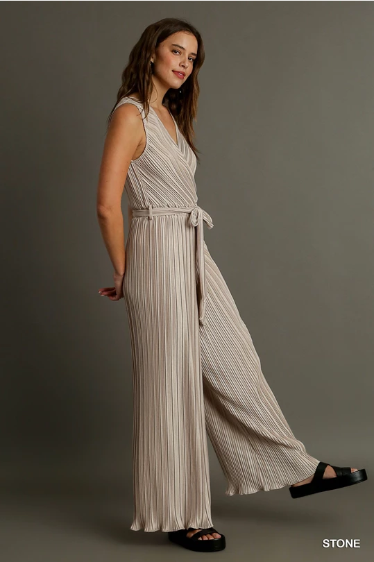 Pleated Sleeveless Wide-Leg Jumpsuit