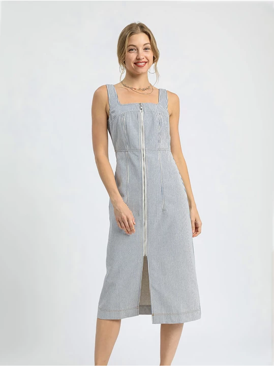 Pinstripe Zip-Front Midi Dress