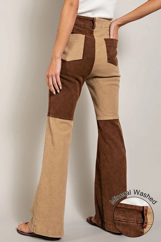 Mineral Washed Color Block Flare Jeans