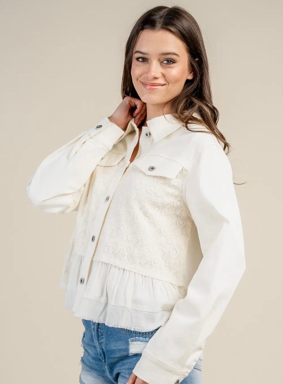 Open Front Denim Jacket w/ Lace