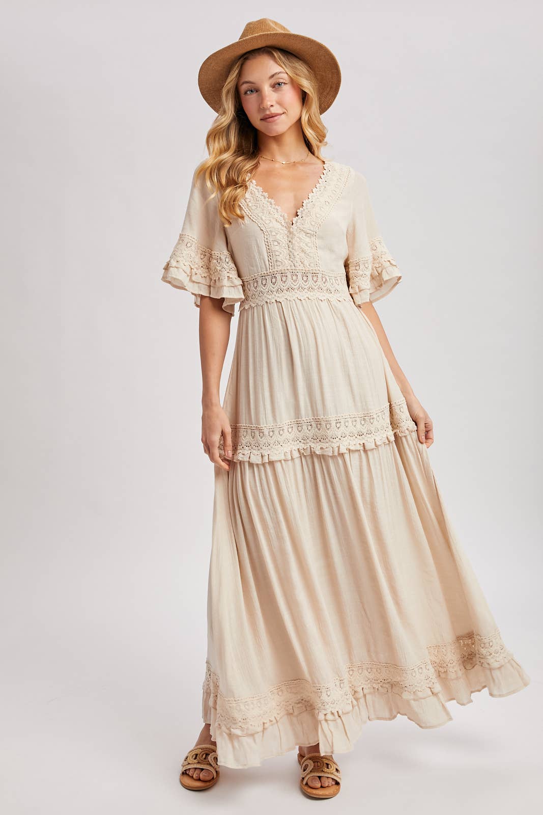 V-NECK LACE TRIM MAXI DRESS: COLOR SHELL