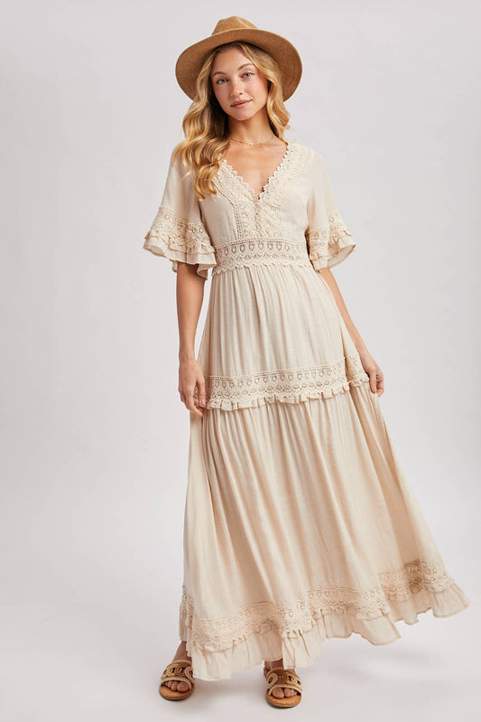 V-NECK LACE TRIM MAXI DRESS: COLOR SHELL
