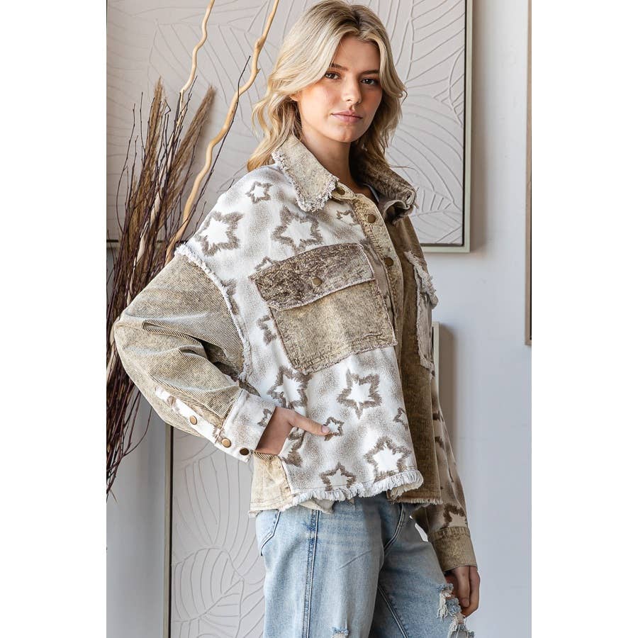 WASHED STAR PRINT CORDUROY MIX JACKET: BROWN