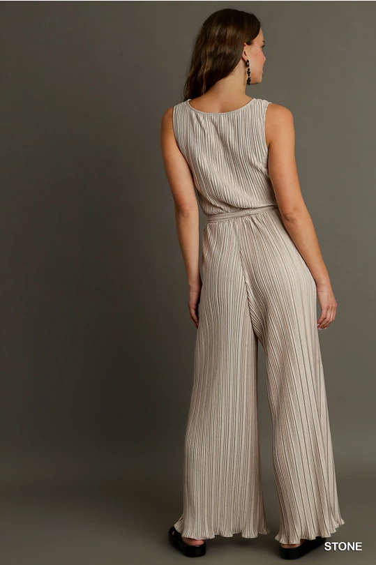 Pleated Sleeveless Wide-Leg Jumpsuit
