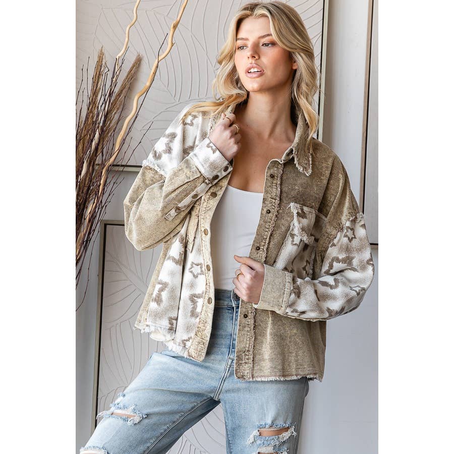 WASHED STAR PRINT CORDUROY MIX JACKET: BROWN