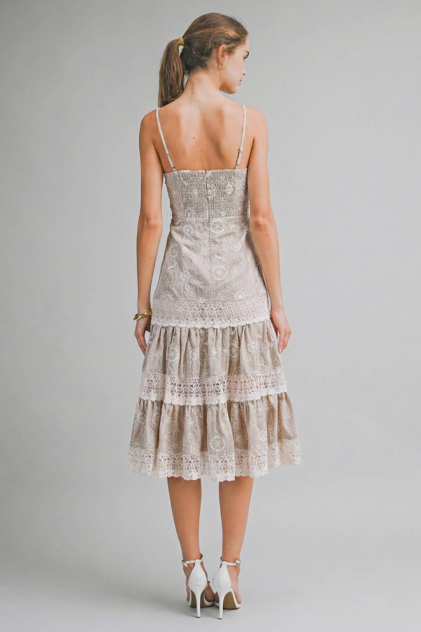 Lace Tiered Midi Dress : TAUPE
