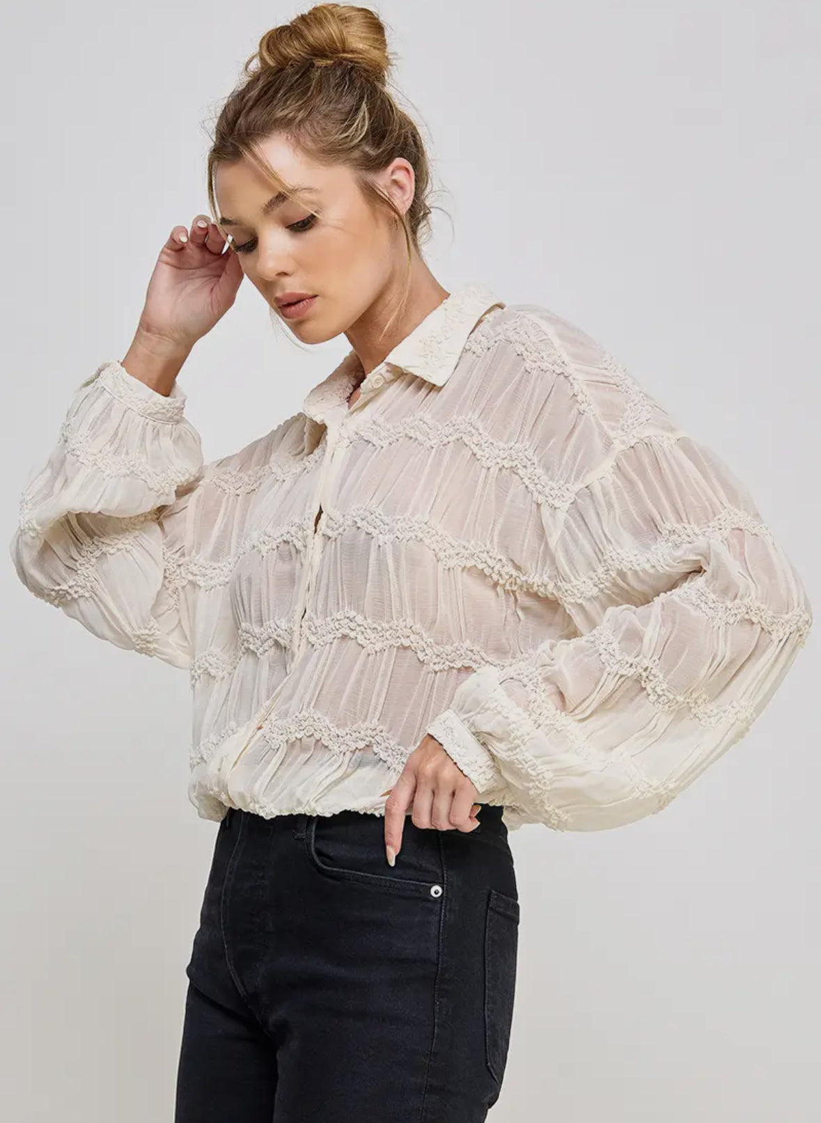 Cream Romantic Sheer Button Front Blouse