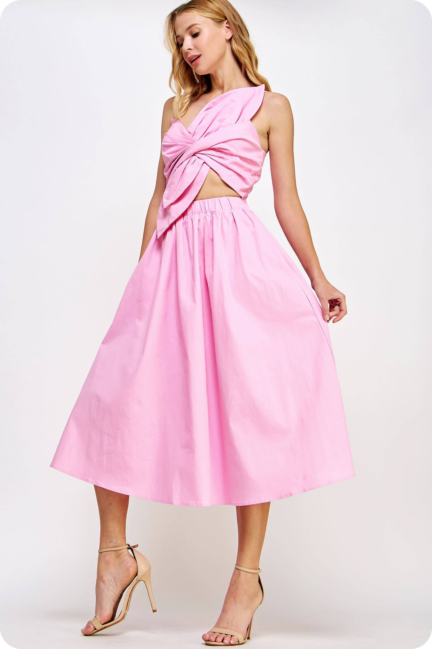 Knotted Flower Bow Midi Dress: Ecru