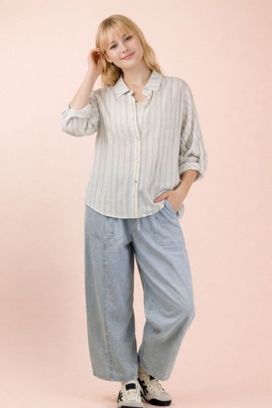 Blue Striped Flowered Button Down