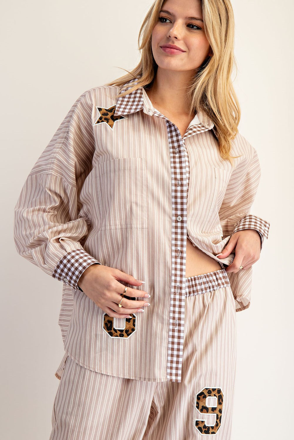 Striped Leapord Applique Button Down