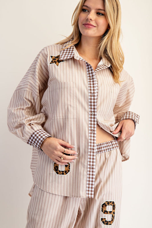 Striped Leapord Applique Button Down
