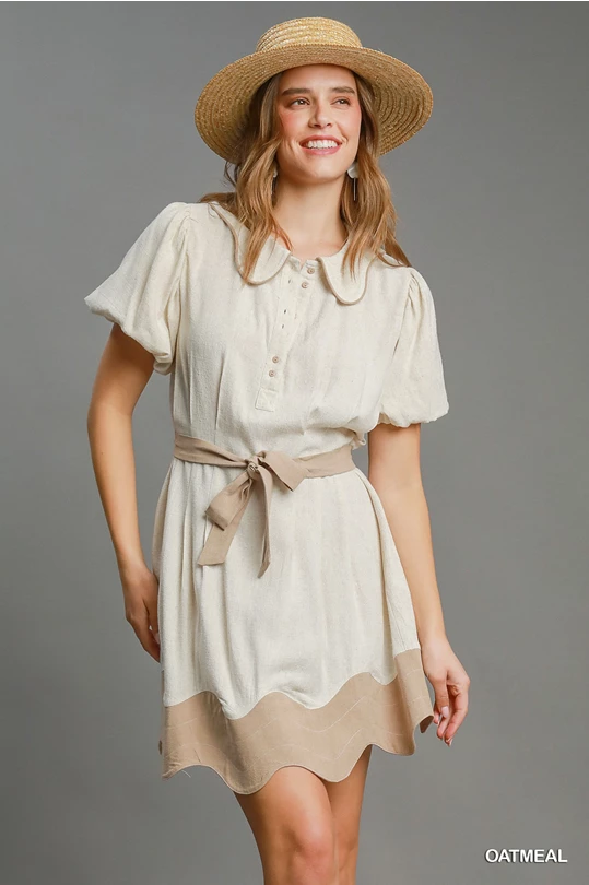 Scalloped Linen Color Block Dress