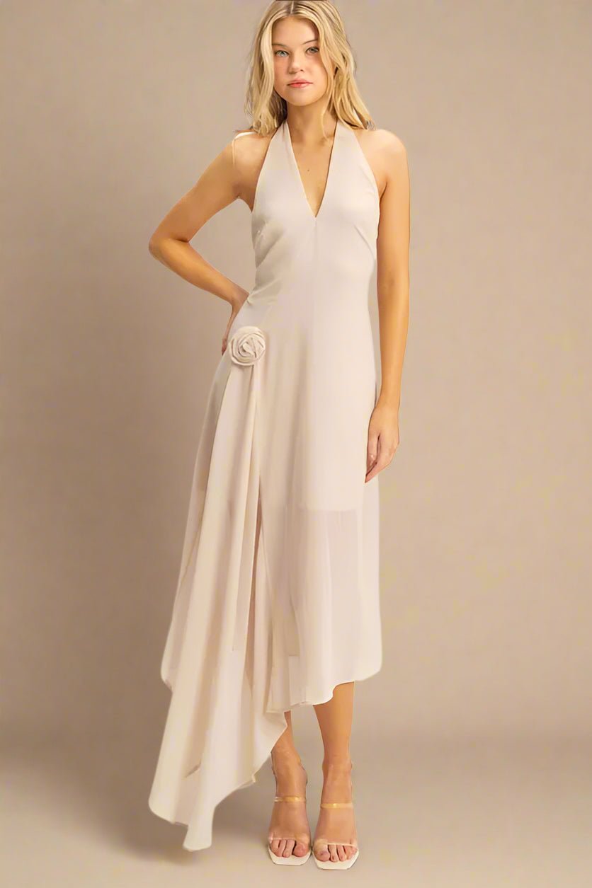 Champagne Beige Halter Neck Sheer Hem Midi Dress