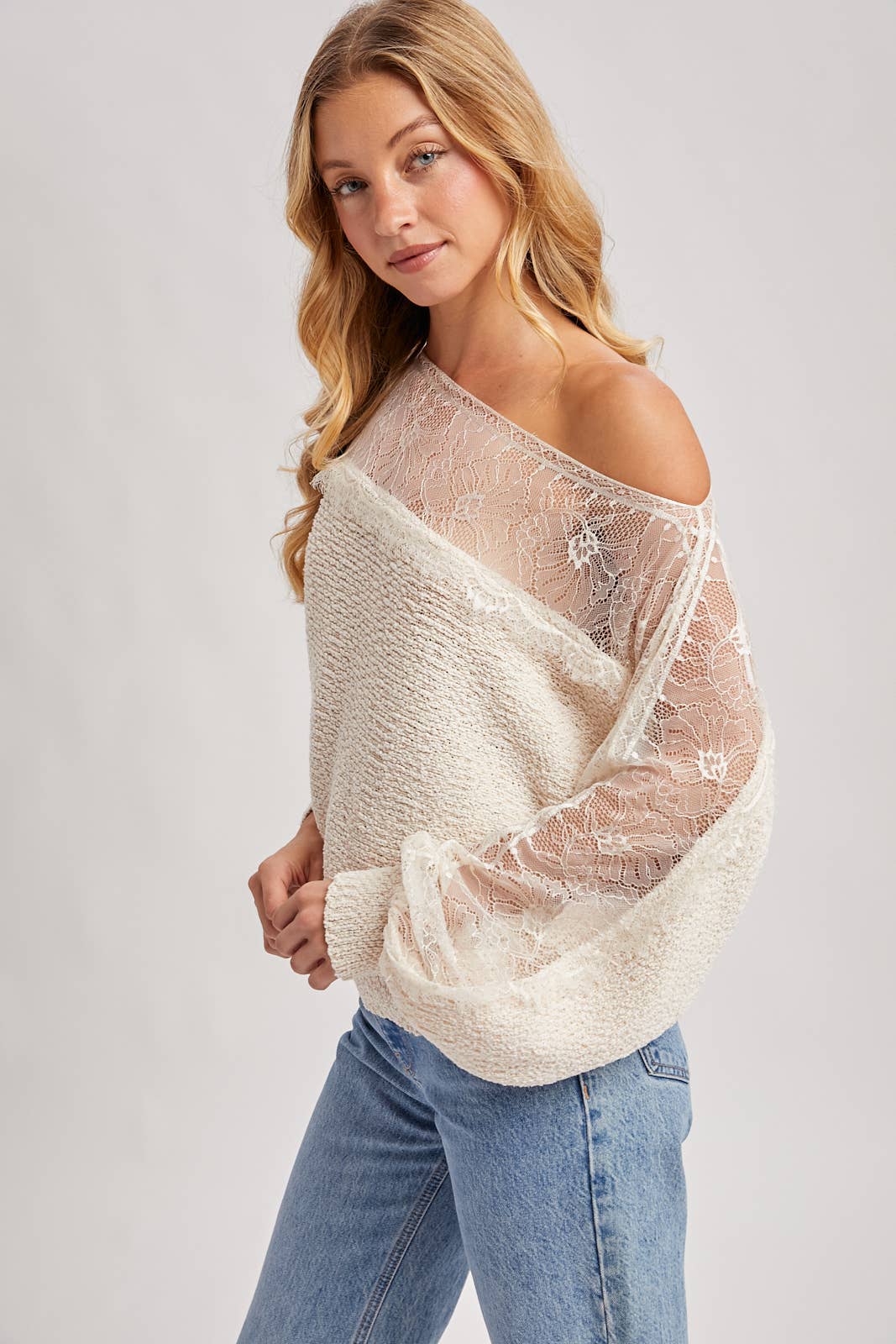 BOAT NECK LACE TRIMMED KNIT SWEATER PULLOVER: ECRU