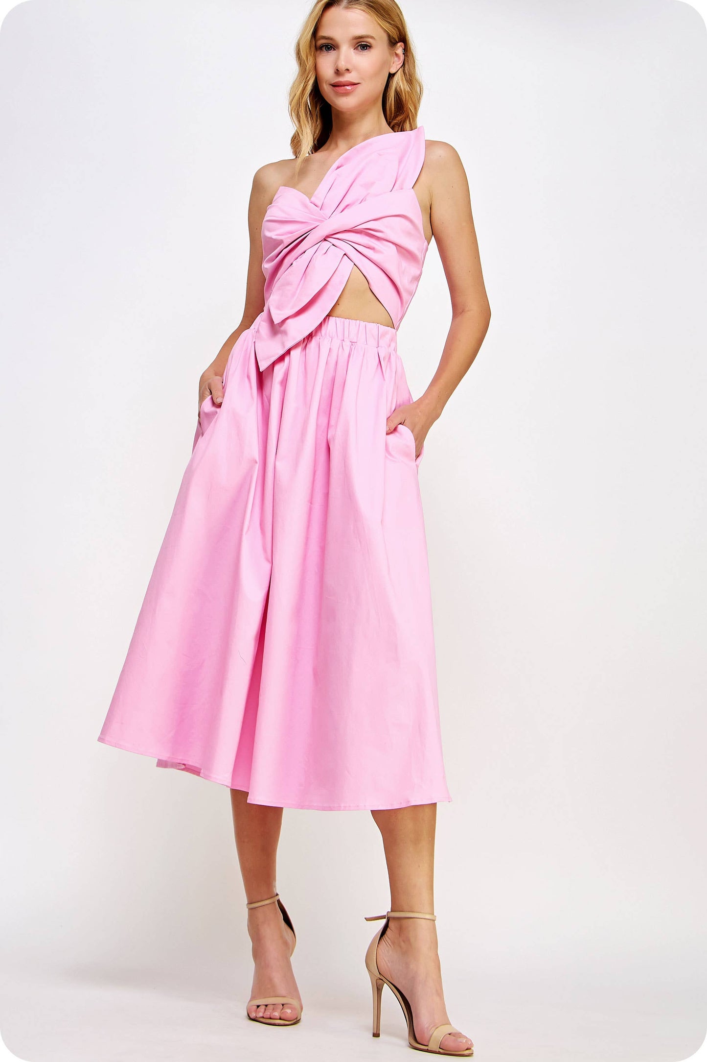 Knotted Flower Bow Midi Dress: Ecru