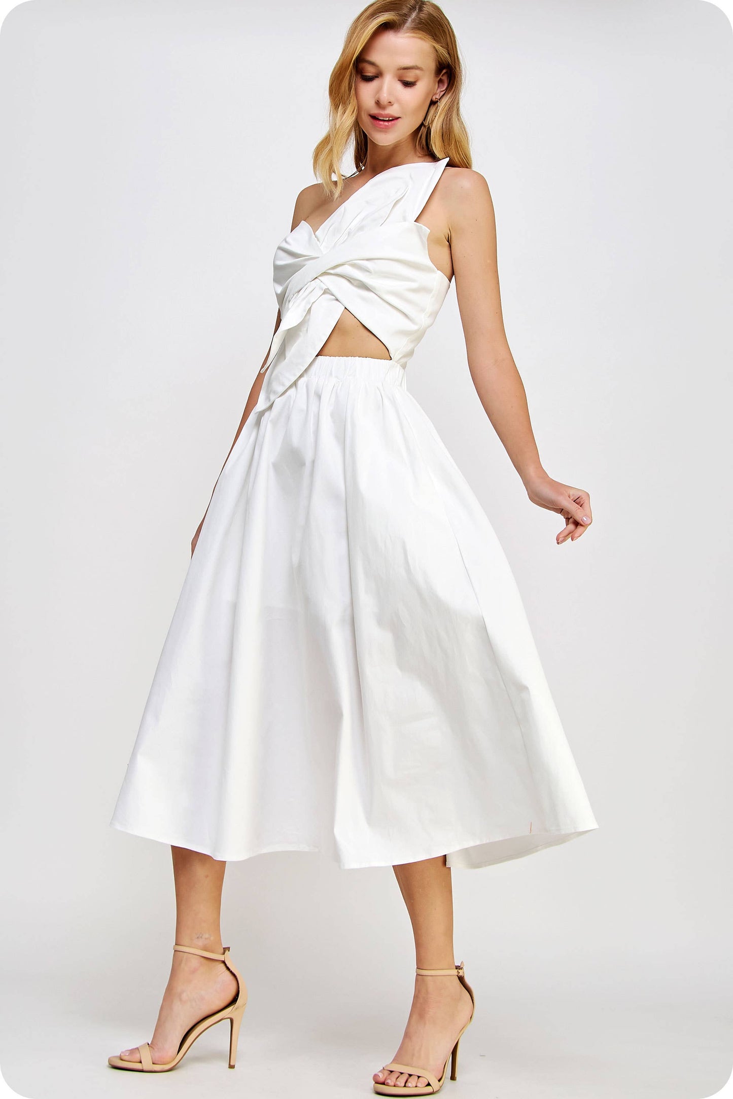 Knotted Flower Bow Midi Dress: Ecru