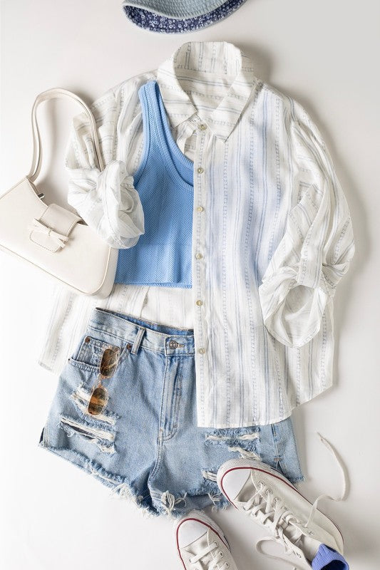 Blue Striped Flowered Button Down