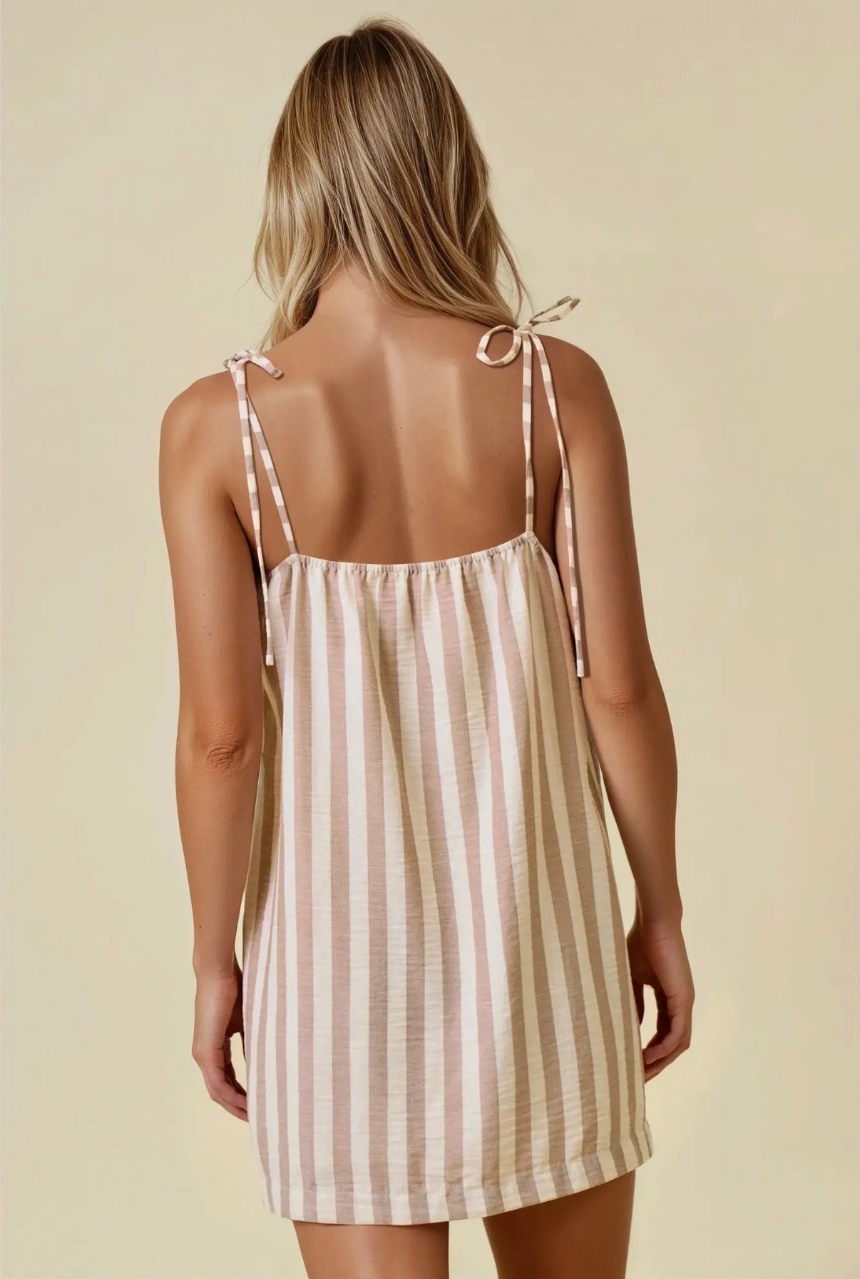 STRIPE COTTON GAUZE TIE SHOULDER MINI DRESS