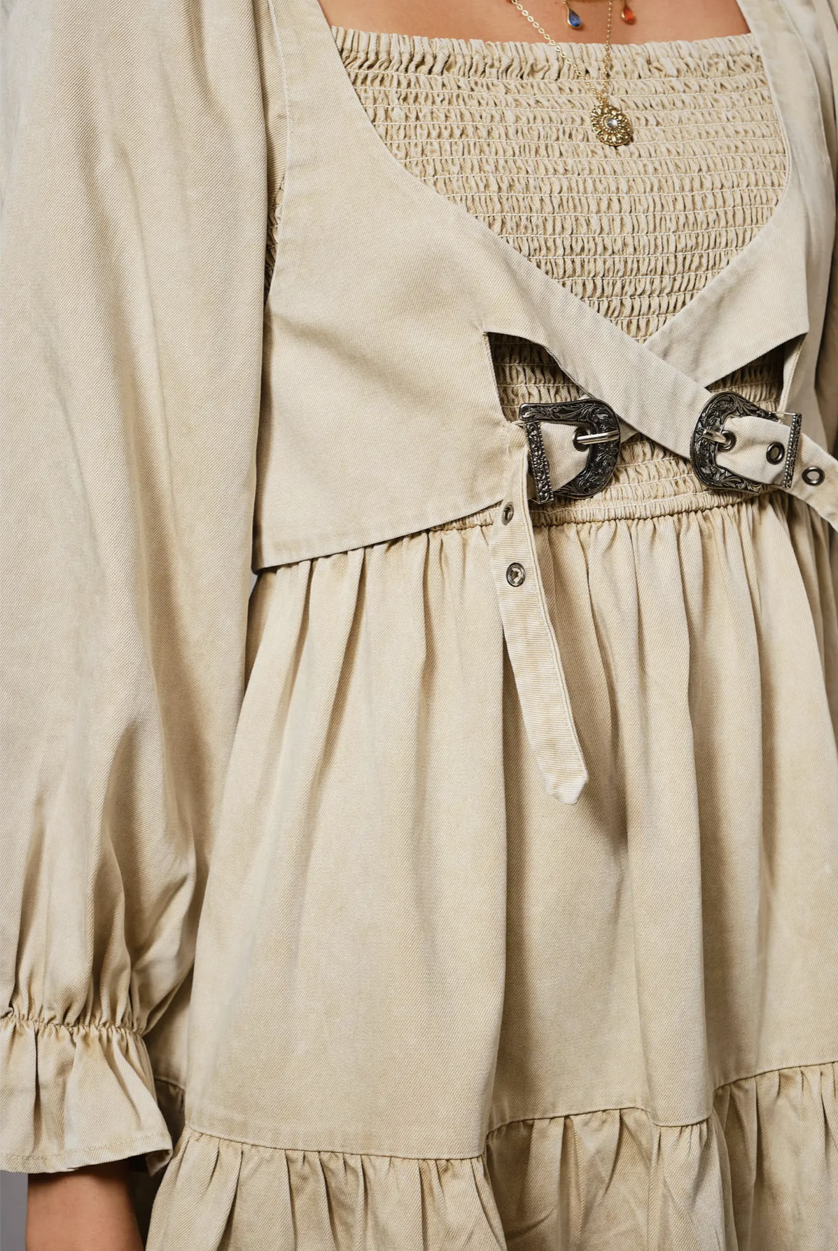 Puff Sleeve Buckle Smocked Mini Dress