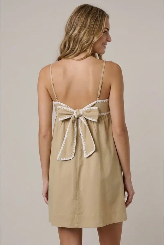 CONTRAST BLANKET STITCH BACK RIBBON STRAP
MINI DRESS