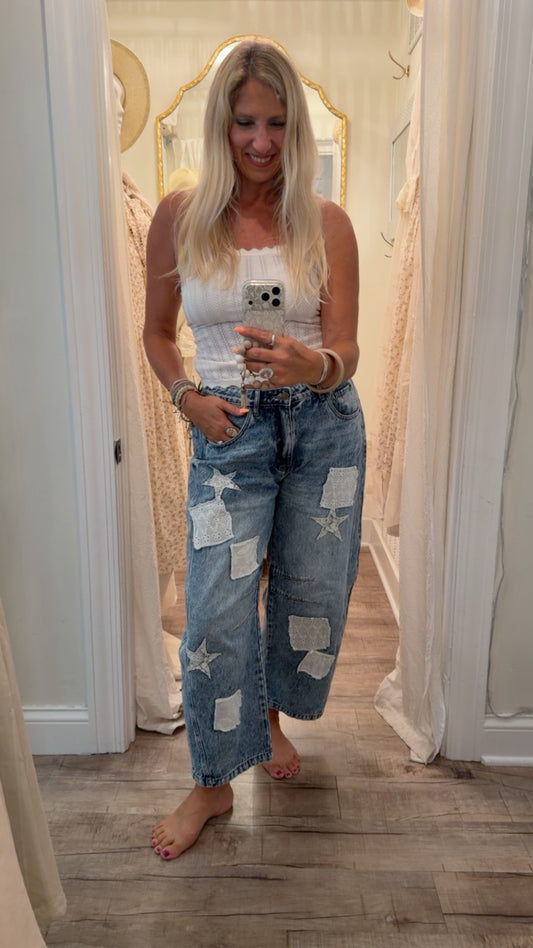 Denim Eyelet Patchwork Barrel Jeans