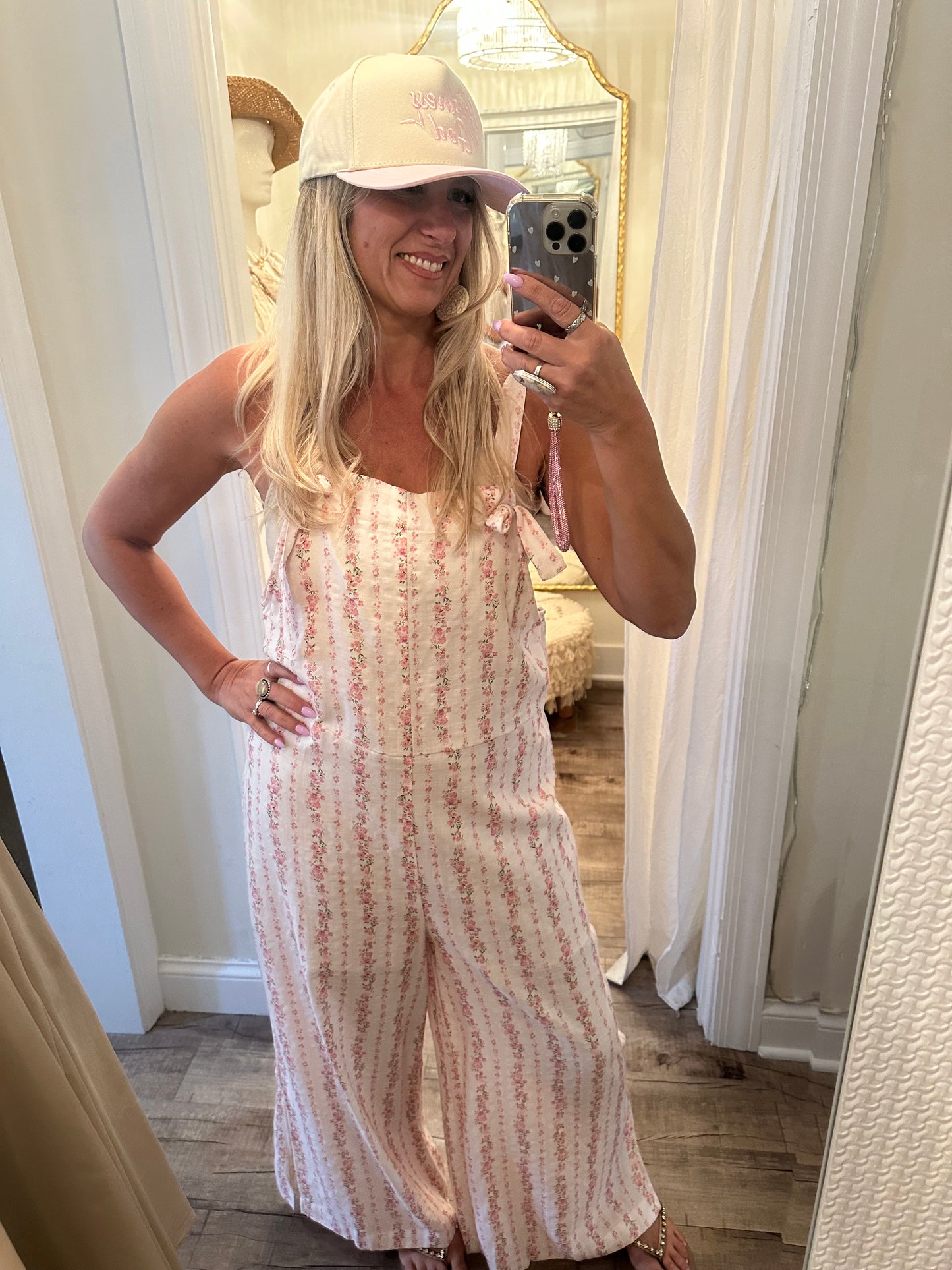 Pink Flowered Cotton Overall Jumpsuit w Slits