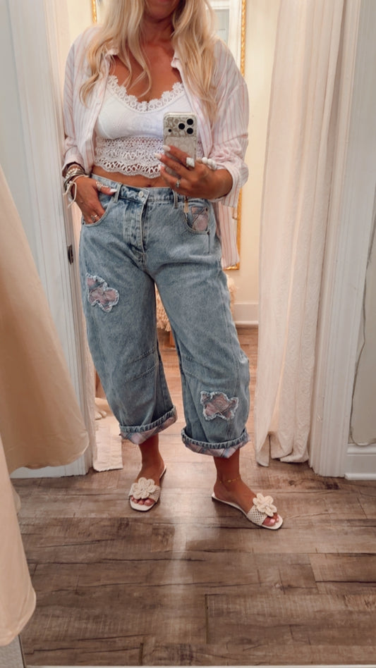Pink Patchwork Flower Barrel Jeans