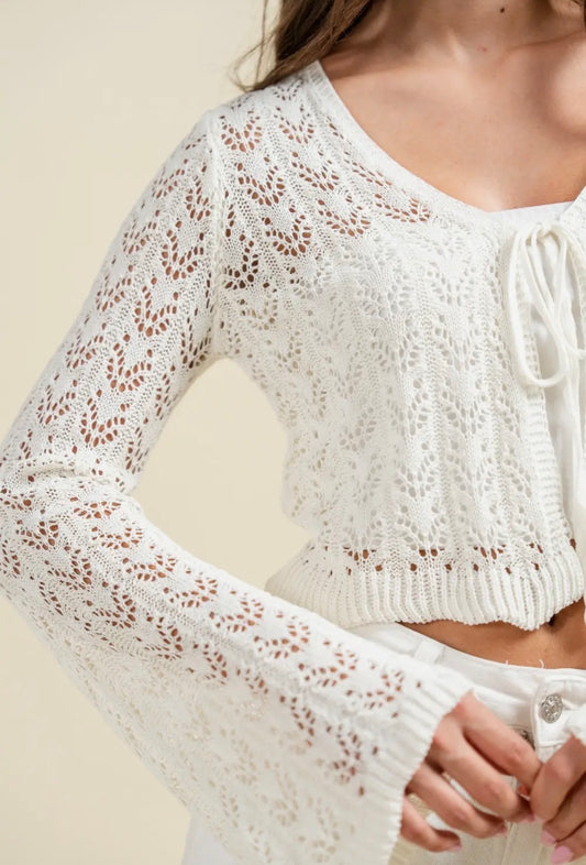 Crochet open knit pointelle crop cardigan with front tie