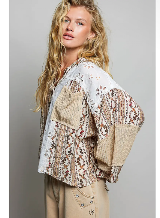 100% Cotton Mixed Lace & Print Boho Top