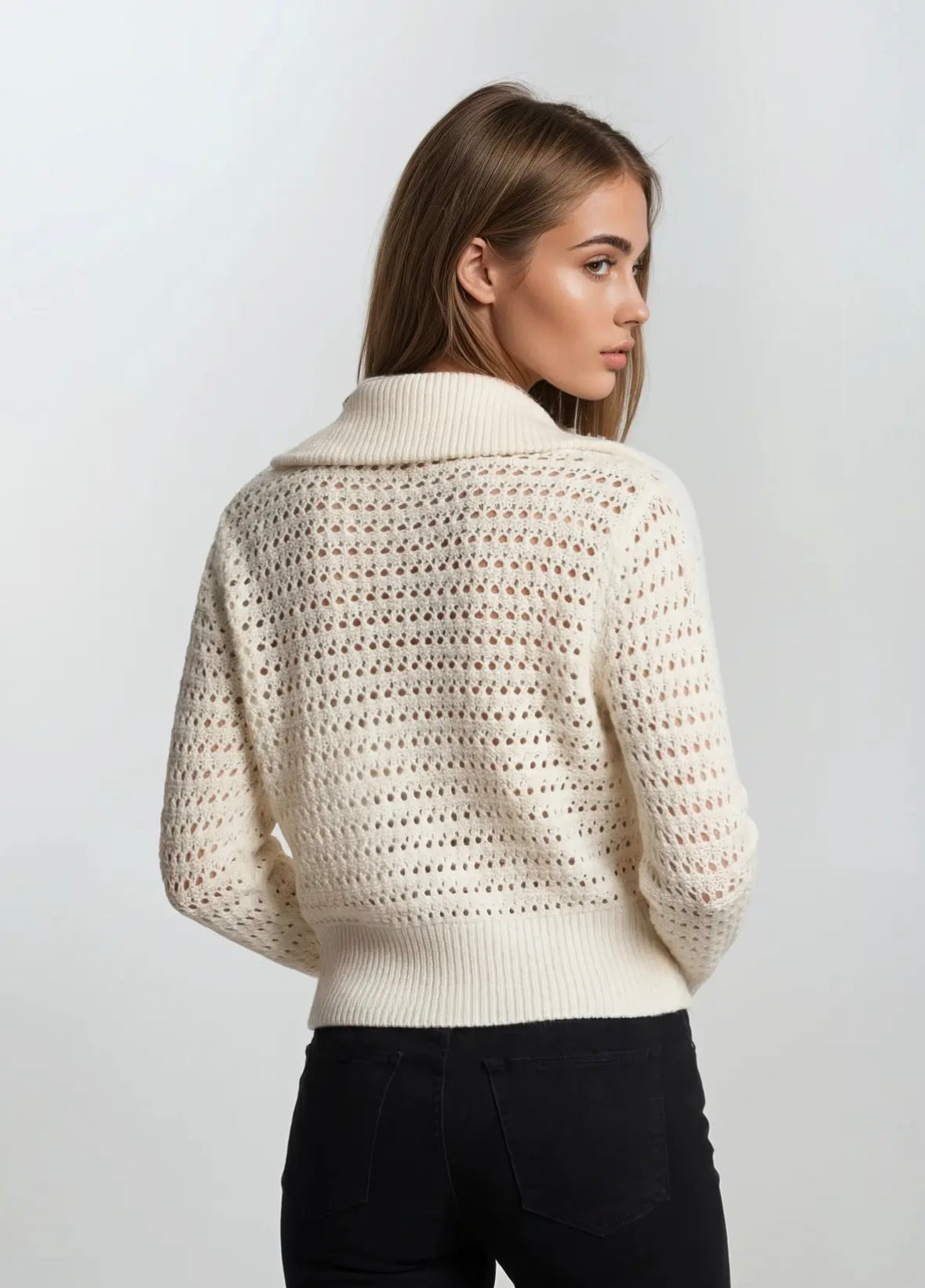 ZIP-UP POINTELLE OPEN KNIT SWEATER JACKET