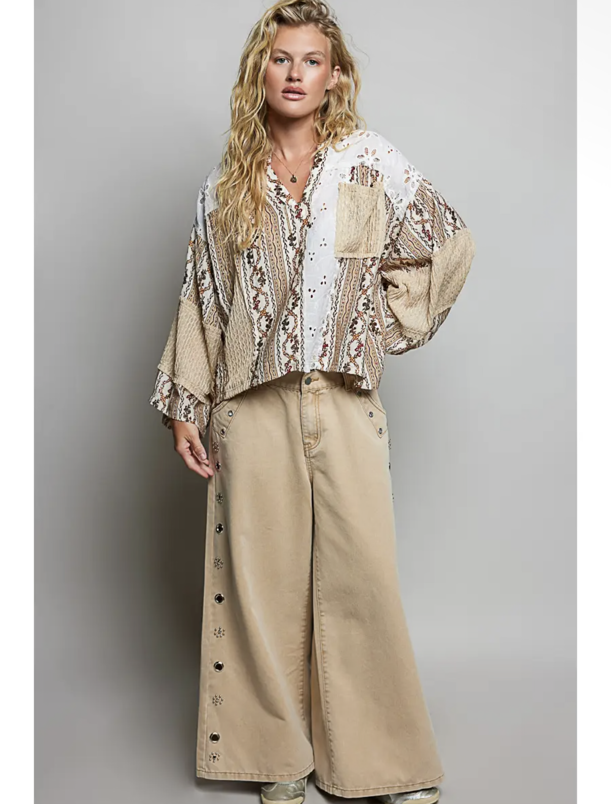 100% Cotton Mixed Lace & Print Boho Top