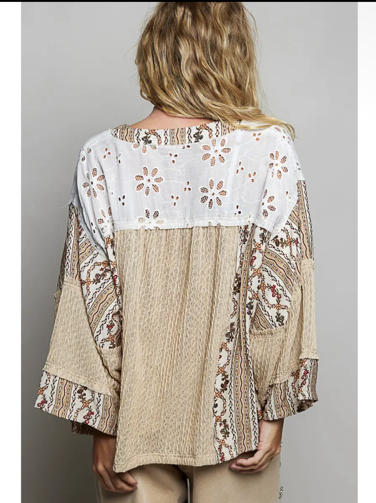 100% Cotton Mixed Lace & Print Boho Top