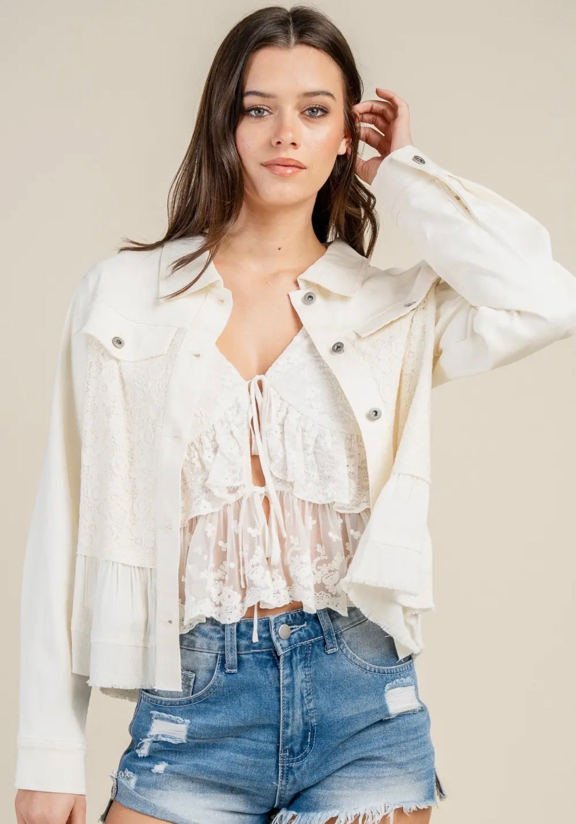 Open Front Denim Jacket w/ Lace