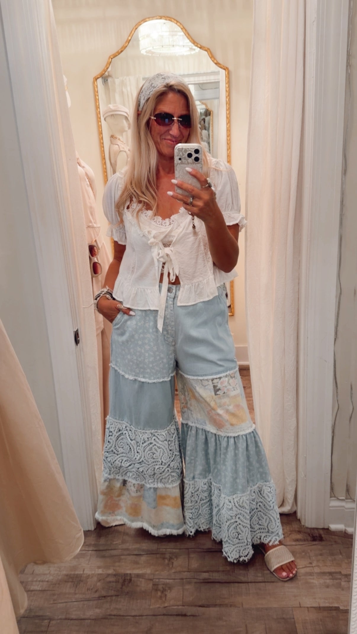Printed Denim Lace Blocked Wide Leg Pants