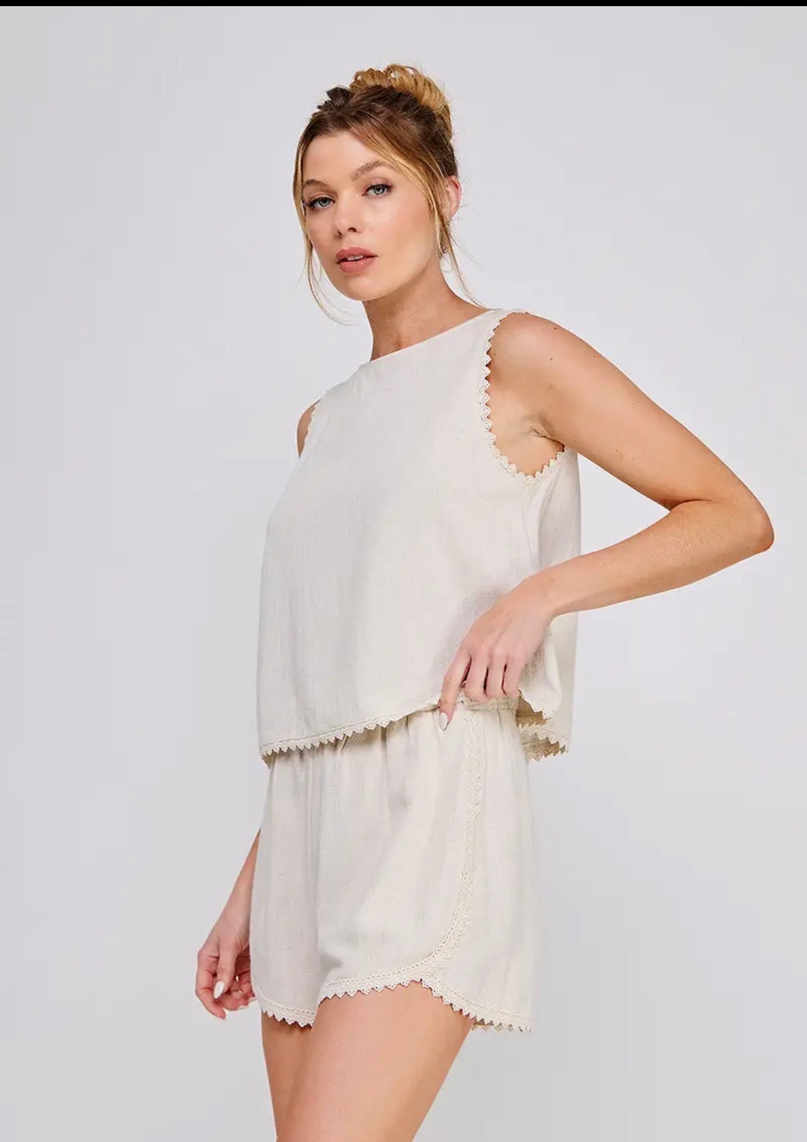 Soft Linen Blend Top Crochet
Lace Trim