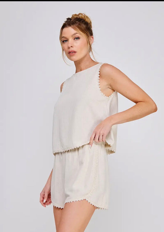 Soft Linen Blend Top Crochet
Lace Trim