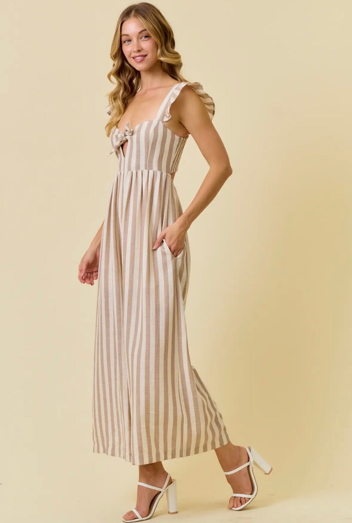 STRIPE COTTON GAUZE WIDE LEG
JUMPSUIT