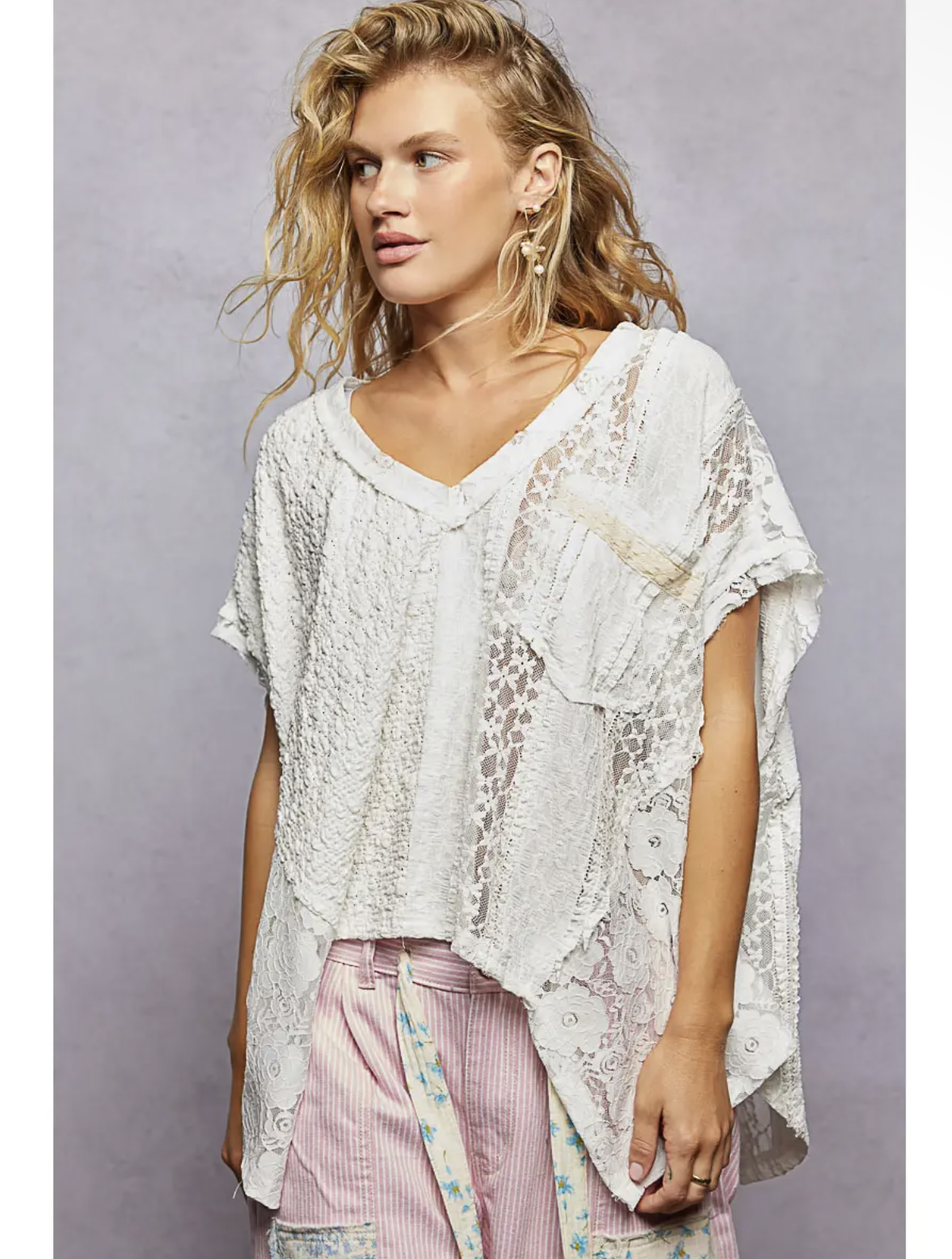 Patchwork Lace Oversized V-Neck
Raw Edge Top