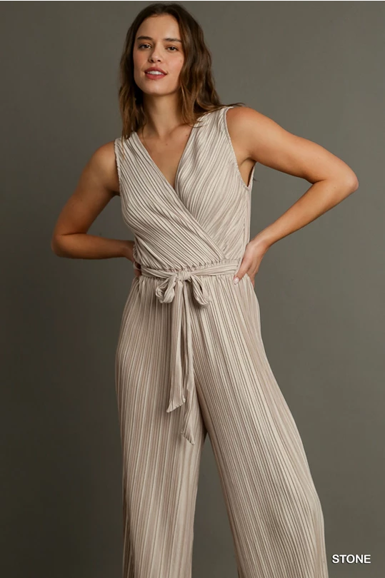 Pleated Sleeveless Wide-Leg Jumpsuit