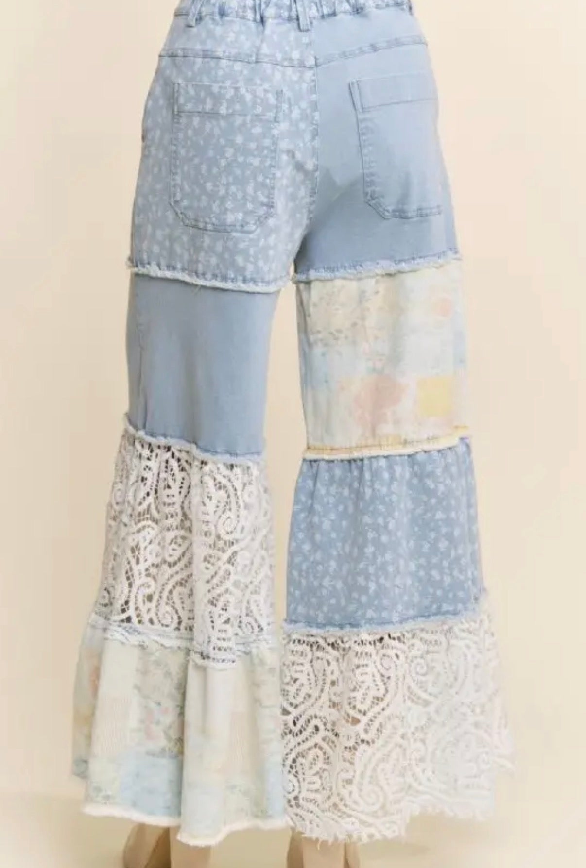 Printed Denim Lace Blocked Wide Leg Pants