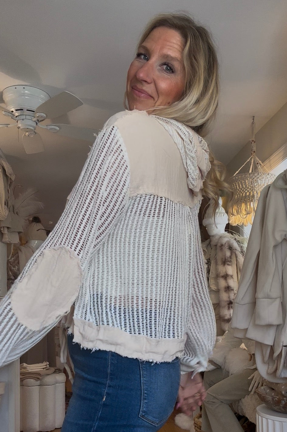 Textured Woven Button-Down Hoodie Top