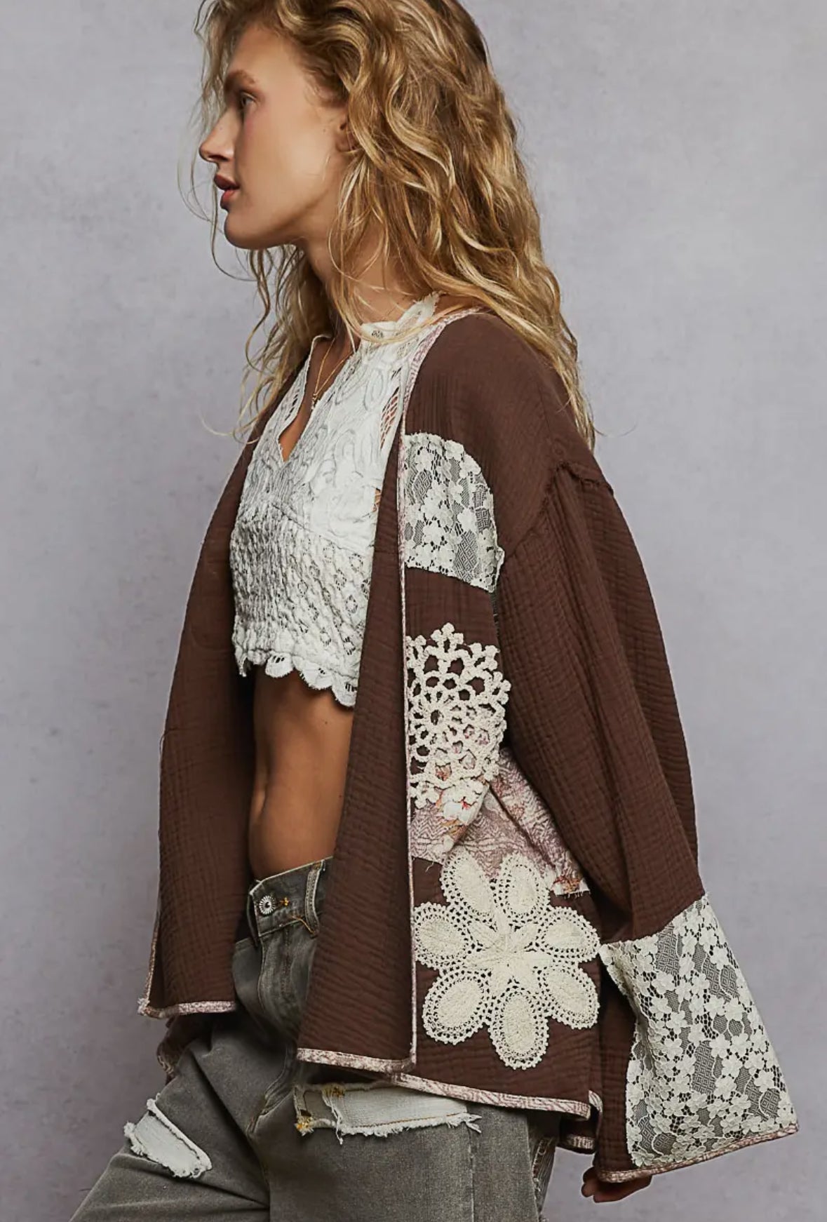 Long Sleeve Double Gauze Crochet
Patch Cardigan Woven Top