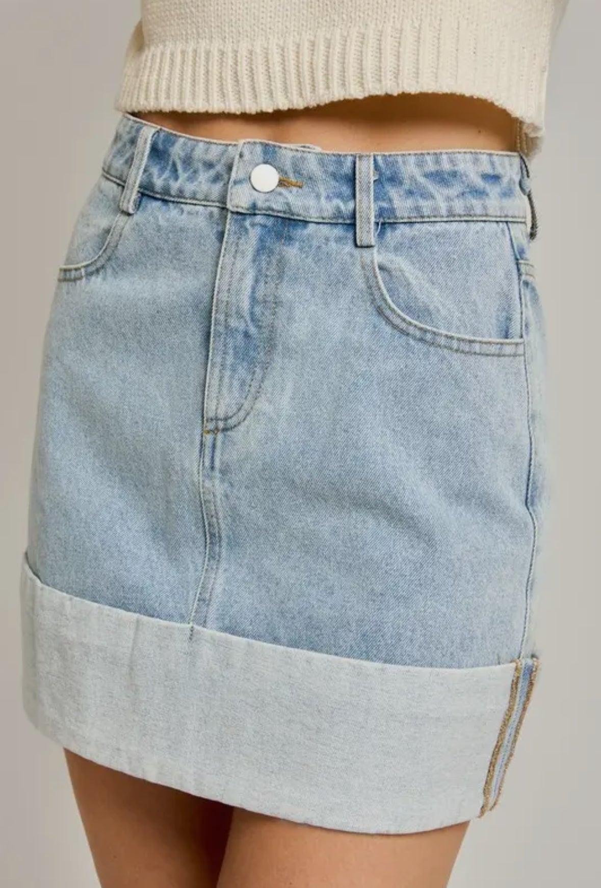 High Waisted Cuffed Denim Mini Skirt