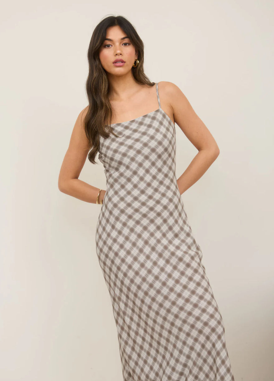 PLAID SPAGHETTI STRAP MIDI DRESS