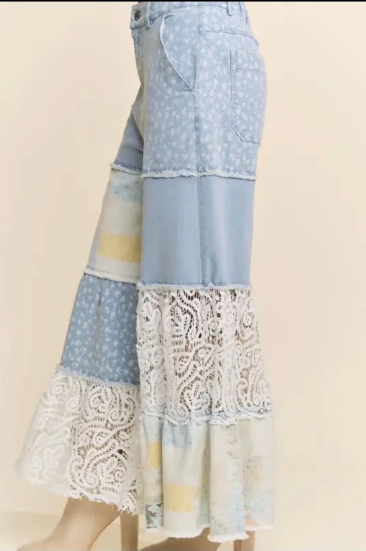 Printed Denim Lace Blocked Wide Leg Pants