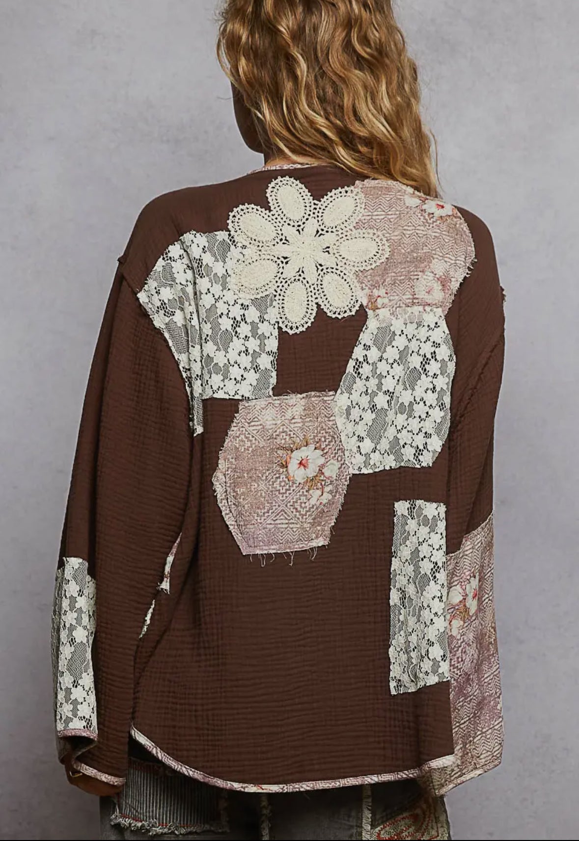 Long Sleeve Double Gauze Crochet
Patch Cardigan Woven Top