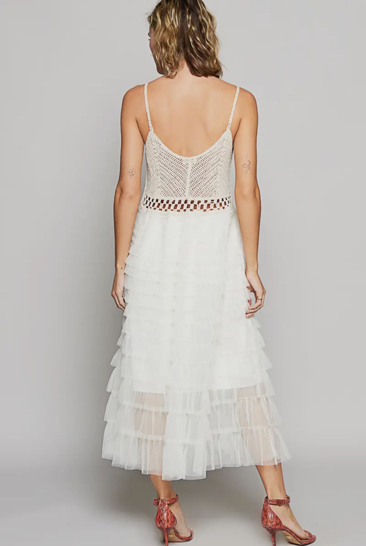Crochet & Ruffle Tulle Midi Dress