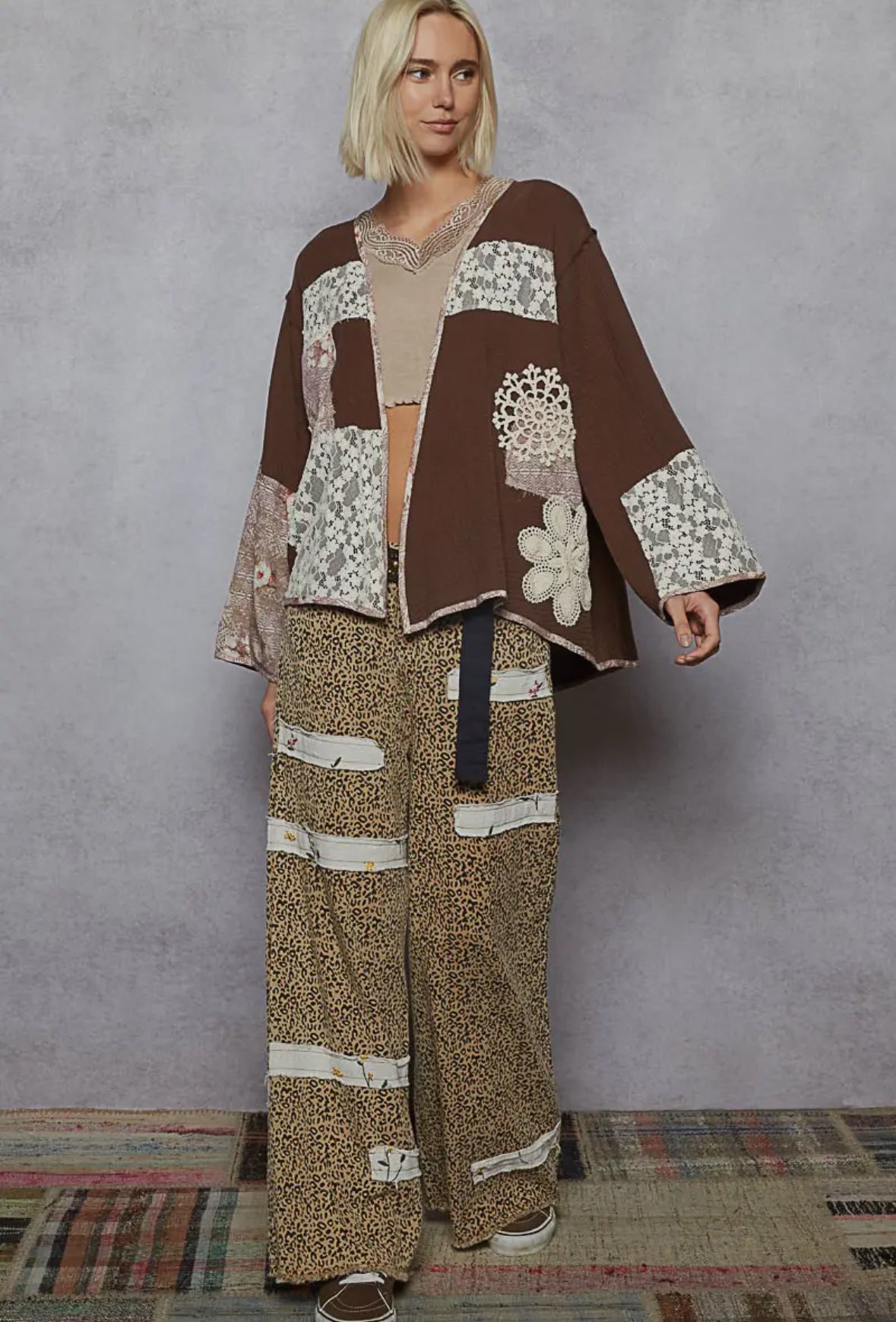 Long Sleeve Double Gauze Crochet
Patch Cardigan Woven Top