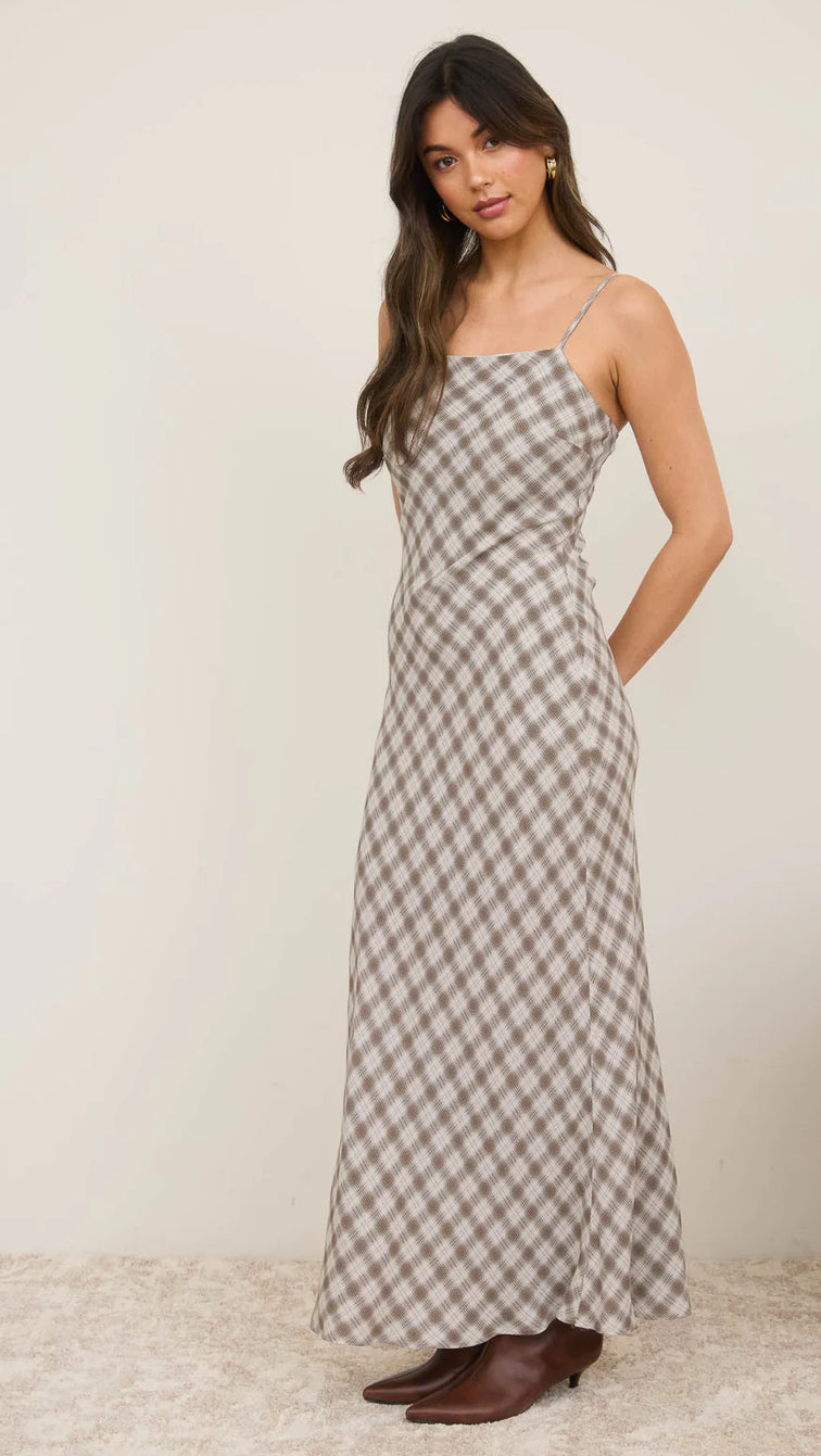 PLAID SPAGHETTI STRAP MIDI DRESS