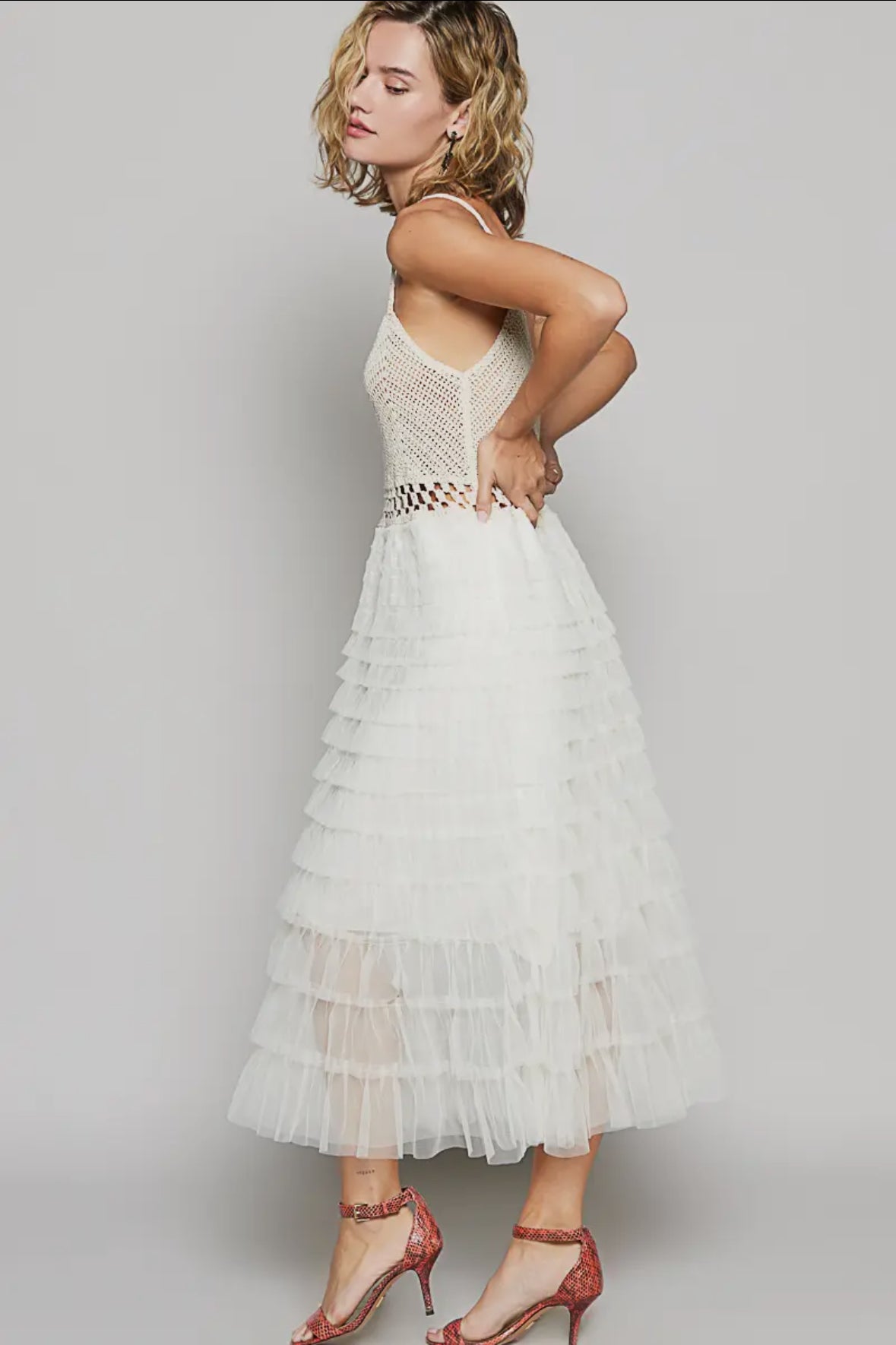Crochet & Ruffle Tulle Midi Dress